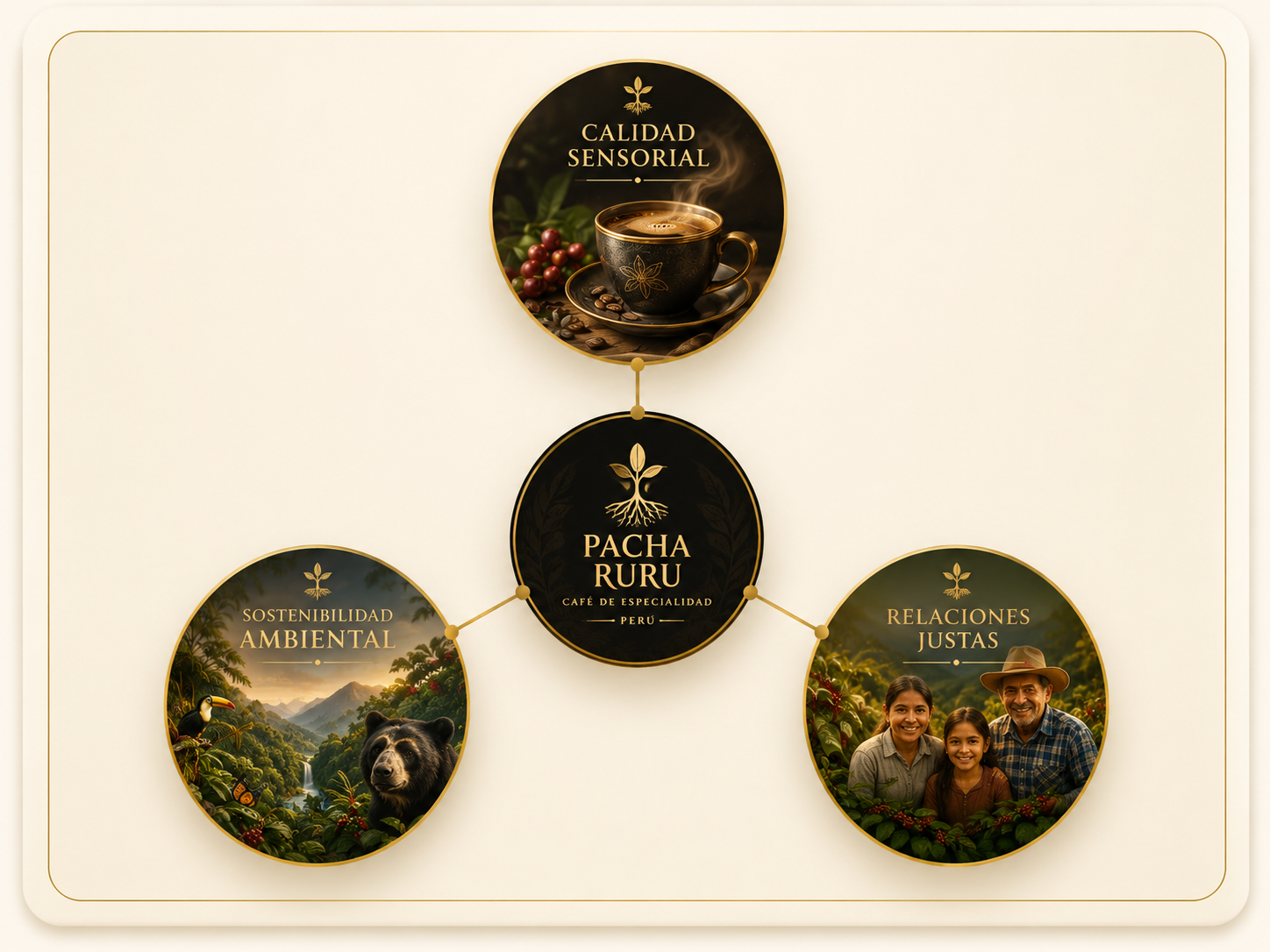 Diagrama de los tres pilares de Pacha Ruru con calidad sensorial, sostenibilidad ambiental y relaciones justas alrededor del logo central